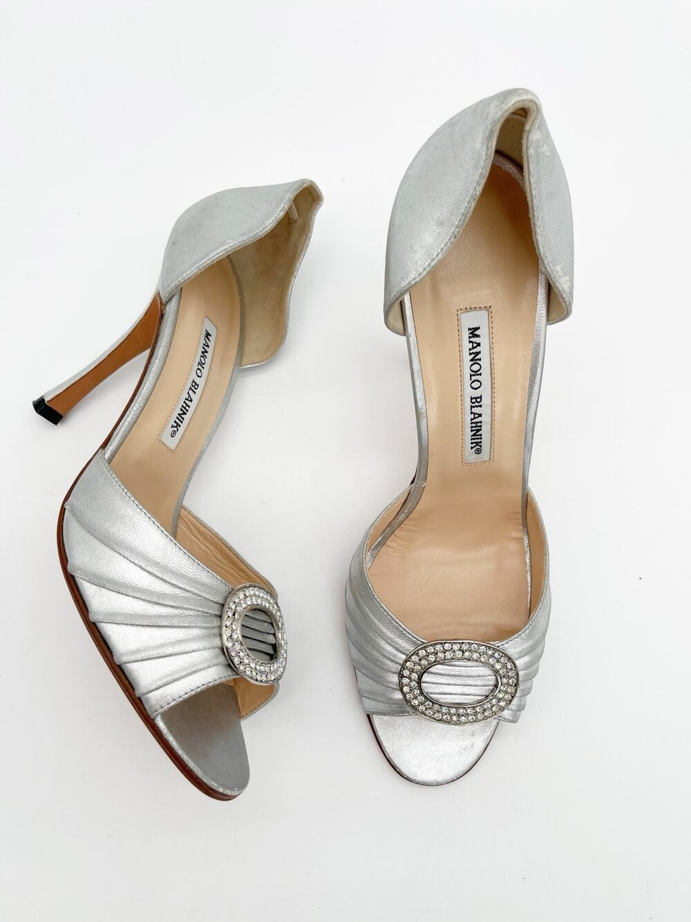 Manolo Blahnik Vintage Silver Sedaraby Crystal D’Orsay Open Toe Heels IT 39.5